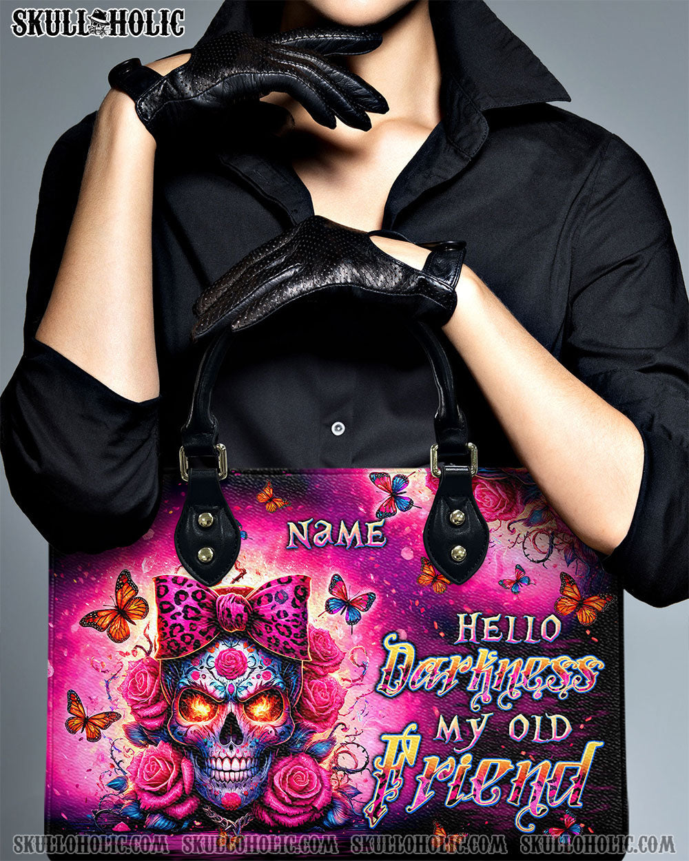 BLISSCORNERS HELLO DARKNESS MY OLD FRIEND SUGAR SKULL LEATHER HANDBAG