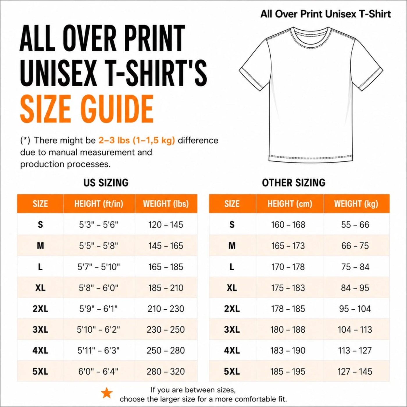 AOP shirt size chart
