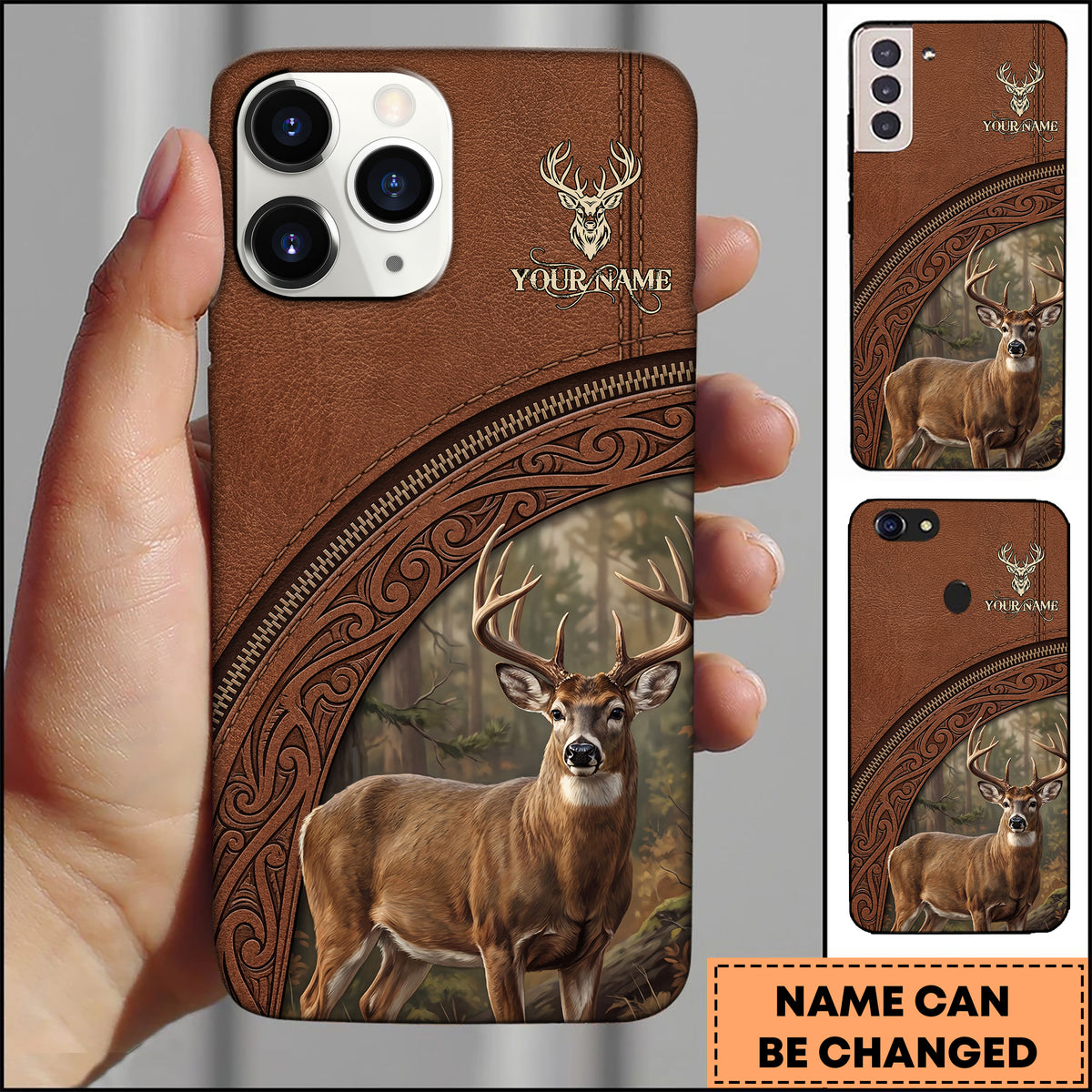 Blisscorners Artist Hunting Deer Zipper Leather Brown Forest Ornate Pattern Personalized Name Phone Case