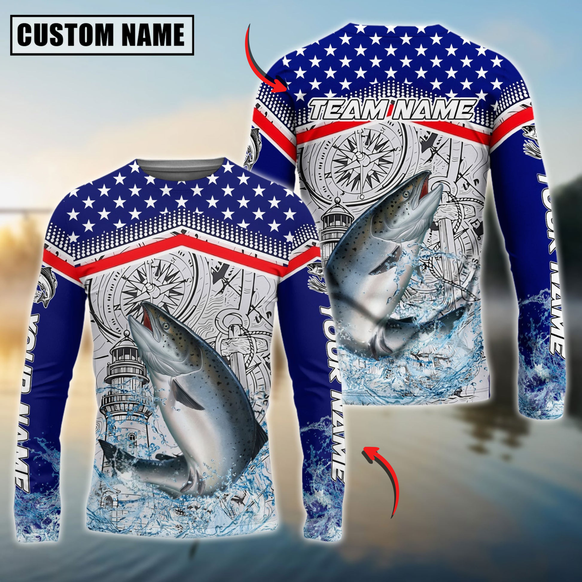 Blisscorners Salmon Fishing American Anchor Compass Lighthouse Graphic Custom Name & Team Name 3D Shirts