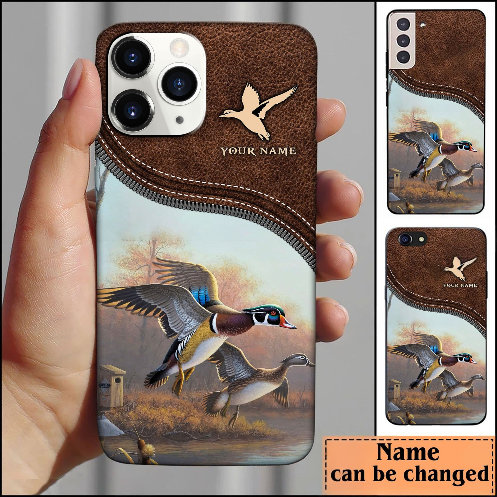 Blisscorners Duck Hunting Leather Pattern Personalized Name Phone Case LM0912