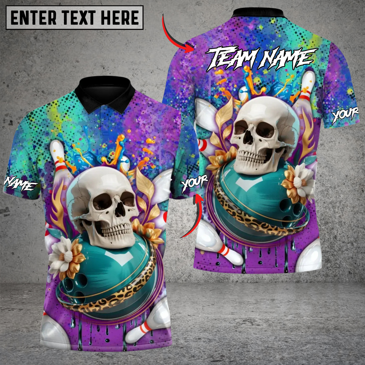 Blisscorners Bowling Skull Splash Strike Multicolor Customized Name Team Name 3D Shirts