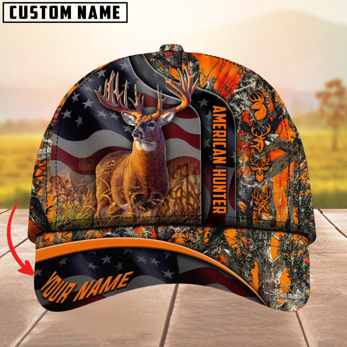 Blisscorners Best USA Flag Pattern Deer Hunting Camouflage Multicolor Personalized Name 3D Cap