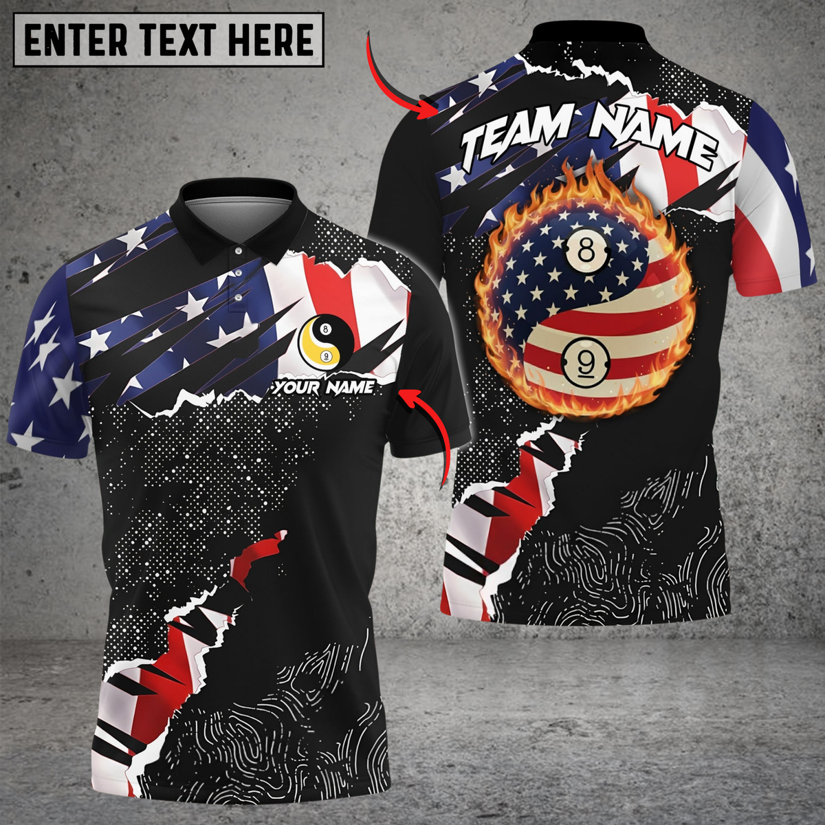 Blisscorners Billiards 8&amp;9 Ball Yinyang Ripped American Flag Personalized Shirt