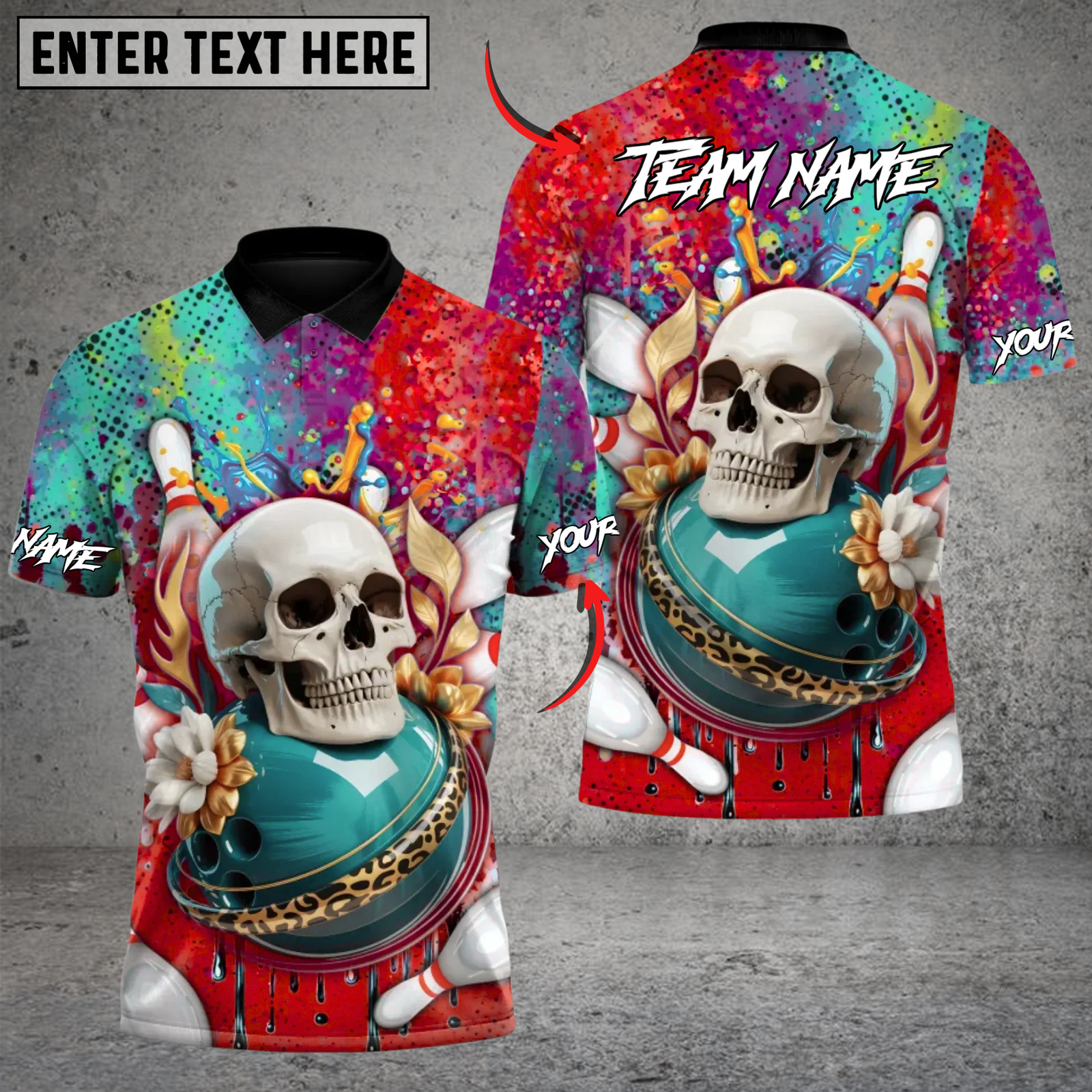 Blisscorners Bowling Skull Splash Strike Multicolor Customized Name Team Name 3D Shirts
