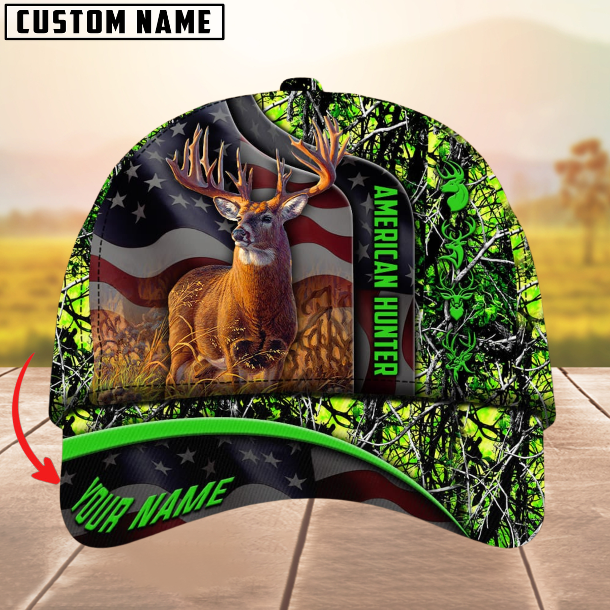Blisscorners Best USA Flag Pattern Deer Hunting Camouflage Multicolor Personalized Name 3D Cap