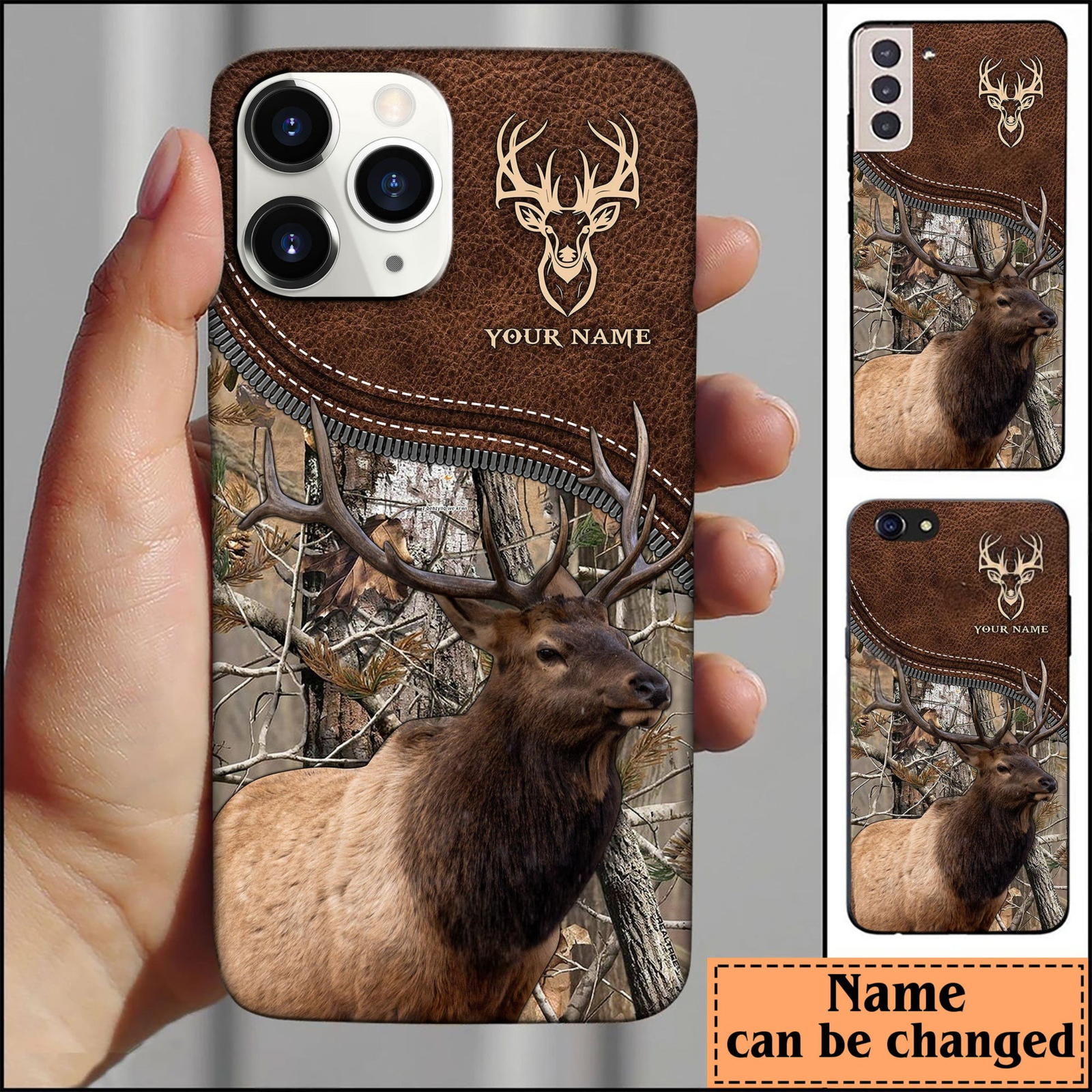 Blisscorners Elk Hunting Leather Pattern Personalized Name Phone Case (4 colors)