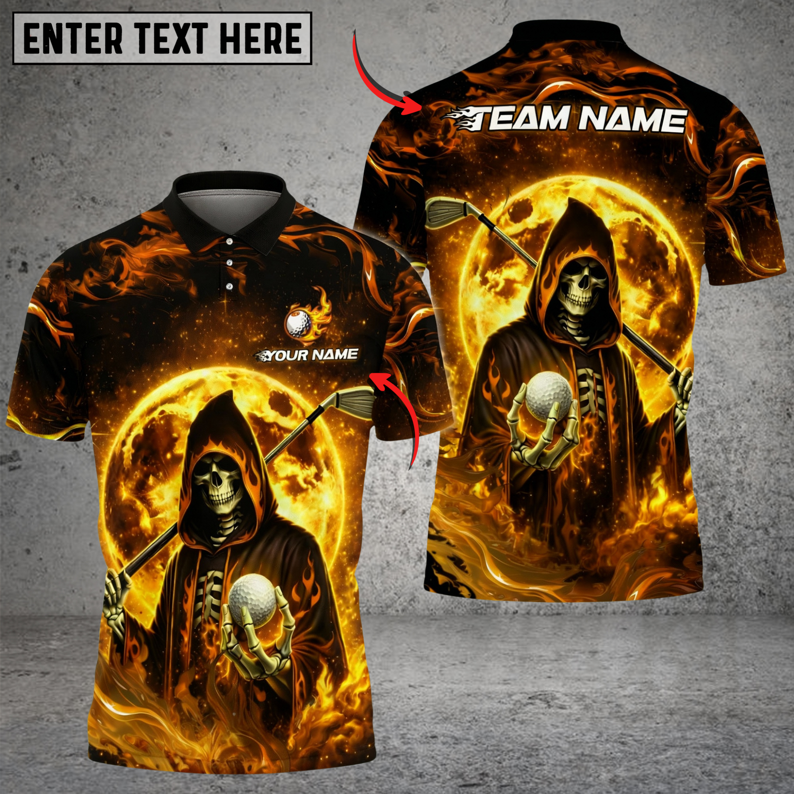 Blisscorners Grim Reaper Fire Golf Polo Shirt, Customized Name & Team Name 3D Shirts (4 Colors)
