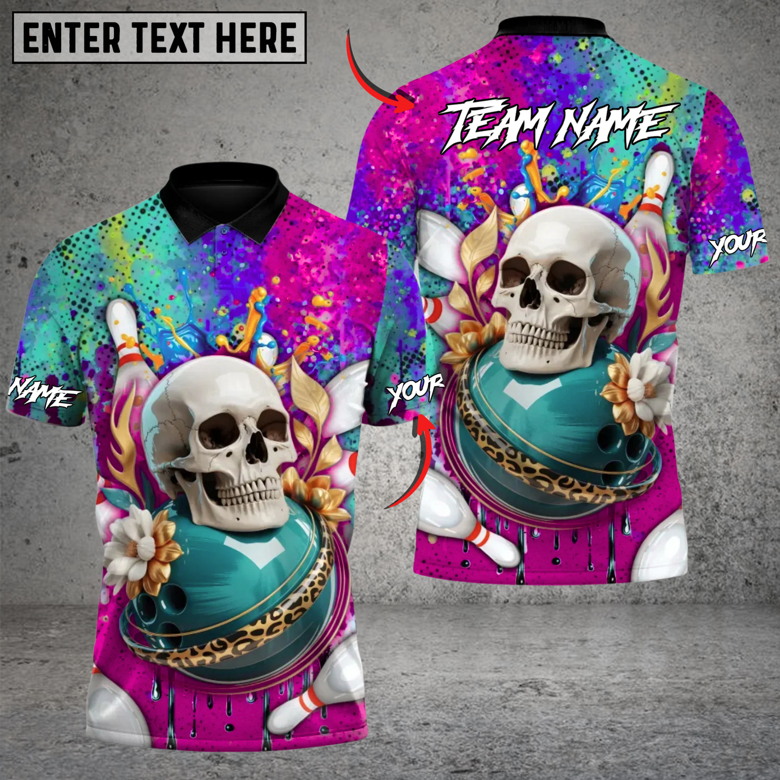 Blisscorners Bowling Skull Splash Strike Multicolor Customized Name Team Name 3D Shirts