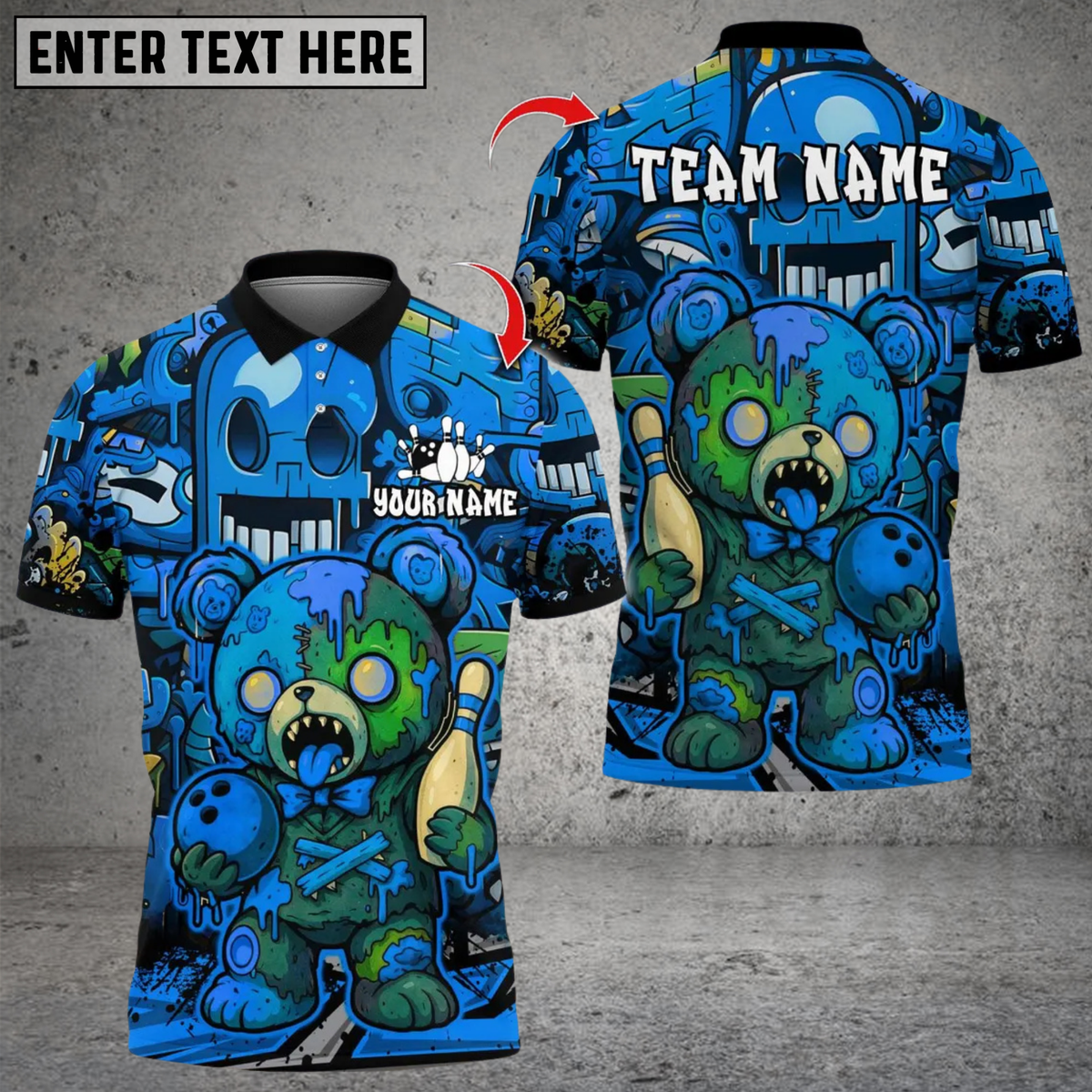 Blisscorners Zombie Teddy Bowling Multicolor Customized Name, Team Name 3D Shirts