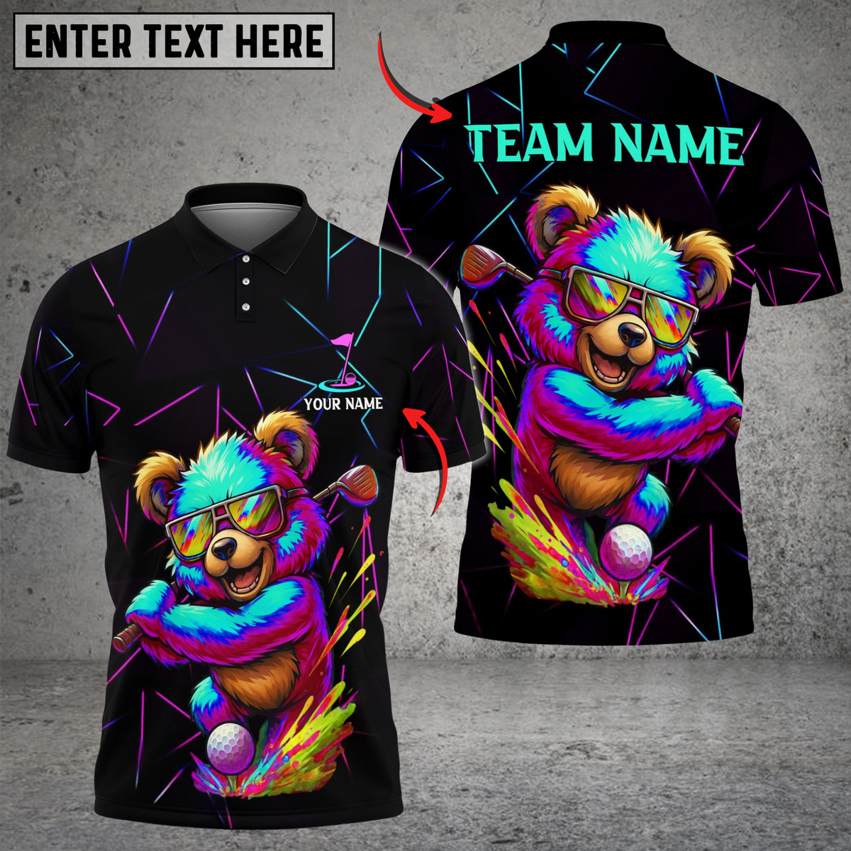 Blisscorners Golf Neon Bear Multicolor Customized Name, Team Name 3D Shirts