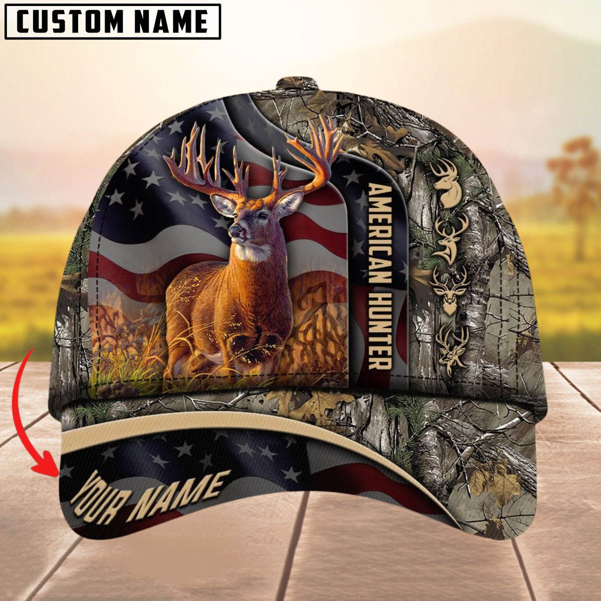 Blisscorners Best USA Flag Pattern Deer Hunting Camouflage Multicolor Personalized Name 3D Cap