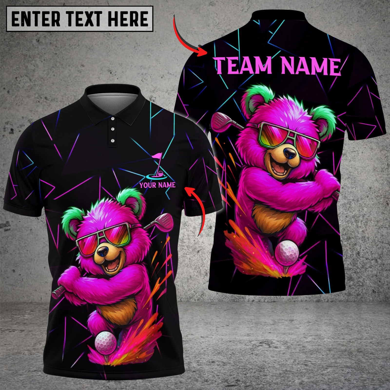 Blisscorners Golf Neon Bear Multicolor Customized Name, Team Name 3D Shirts