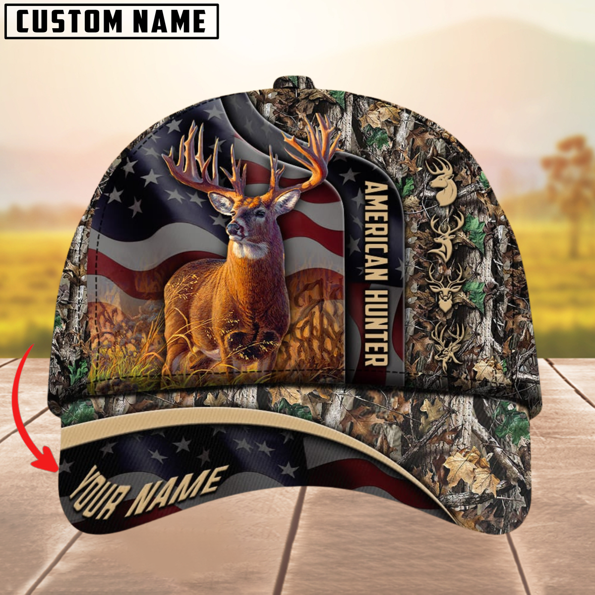 Blisscorners Best USA Flag Pattern Deer Hunting Camouflage Multicolor Personalized Name 3D Cap