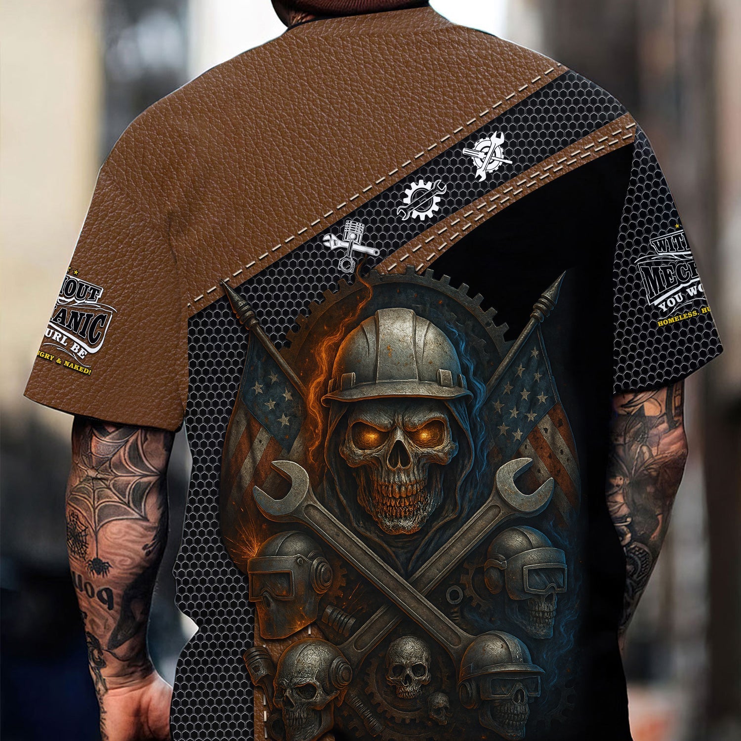 Blisscorners Skull Mechanic T Shirt Without Mechanic You Would Be Homeless Hungry Naked American Flag Auto Repair Garage Workwear Gift For Men Dad