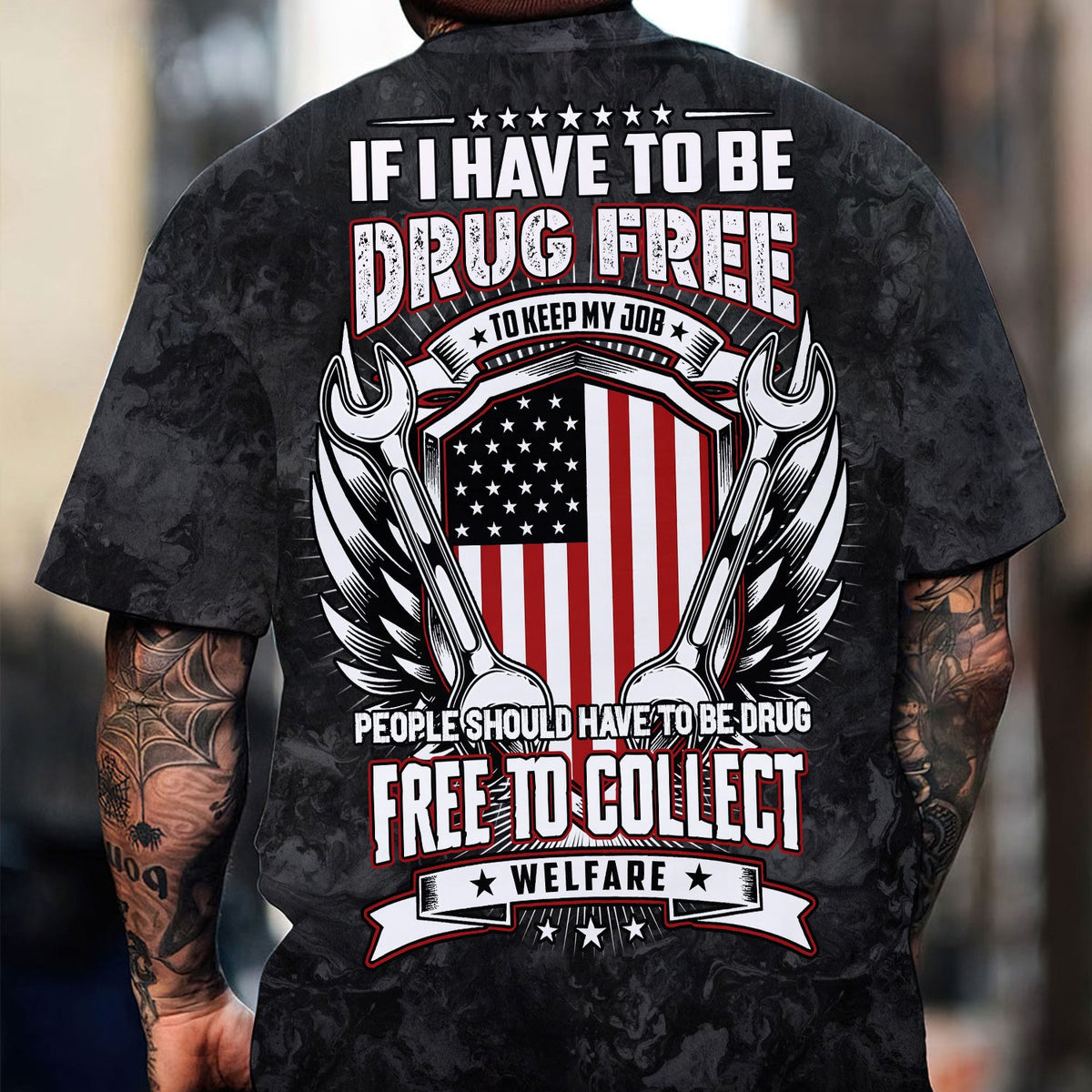 Blisscorners Funny Mechanic T Shirt If I Have To Be Drug Free To Keep My Job American Flag Wrench Auto Repair Garage Workwear Tee Patriotic Gift For Men Dad