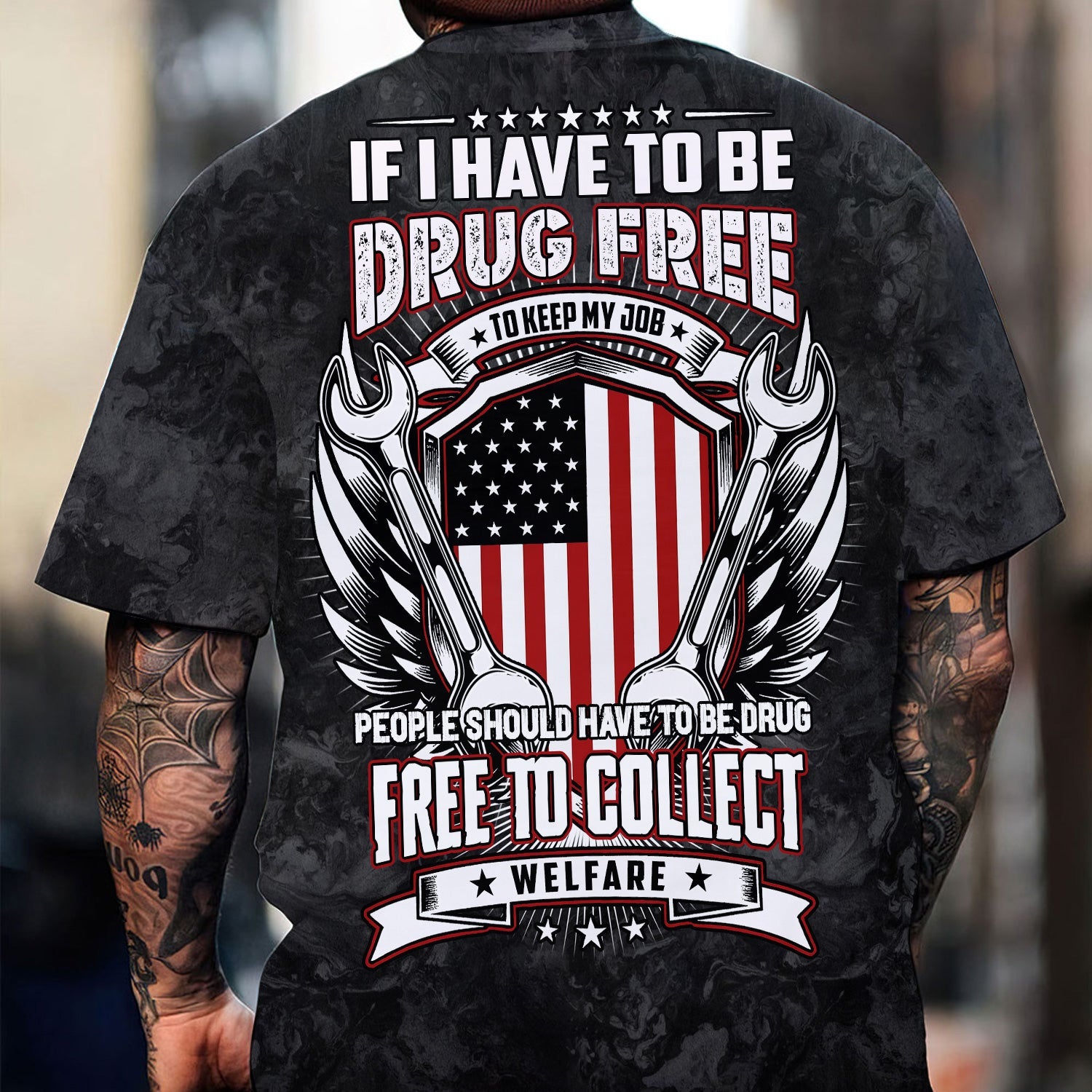 Blisscorners Funny Mechanic T Shirt If I Have To Be Drug Free To Keep My Job American Flag Wrench Auto Repair Garage Workwear Tee Patriotic Gift For Men Dad