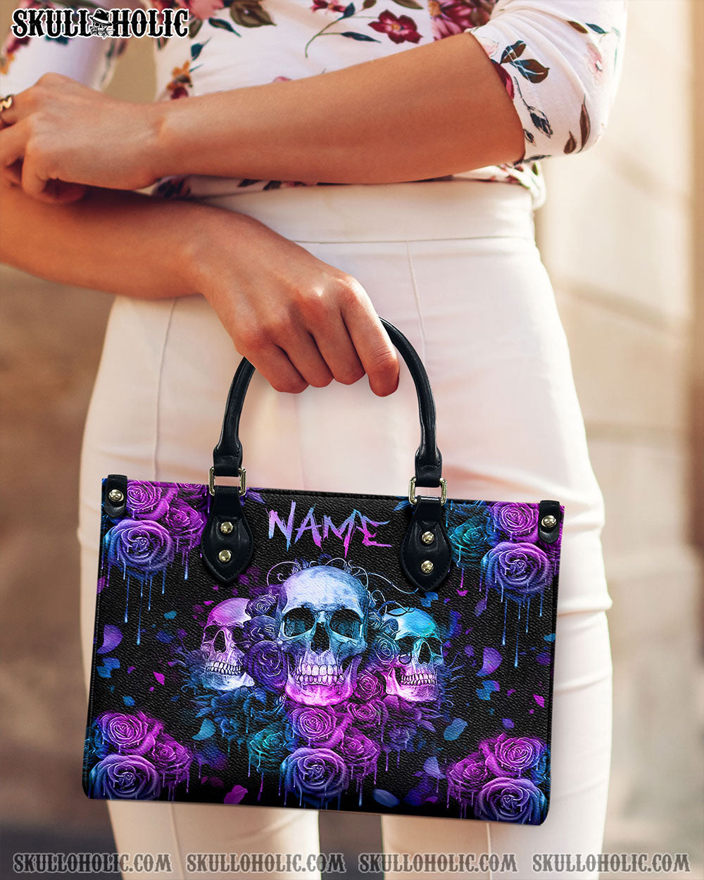BLISSCORNERS THREE SKULLS ROSE LEATHER HANDBAG