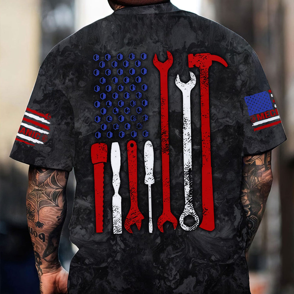 Blisscorners American Flag Tool Shirt, Vintage Mechanic Tools T-shirt for Men, Patriotic USA T-shirt with Wrench & Hammer, Perfect Gift for Tradesmen & DIY Enthusiasts