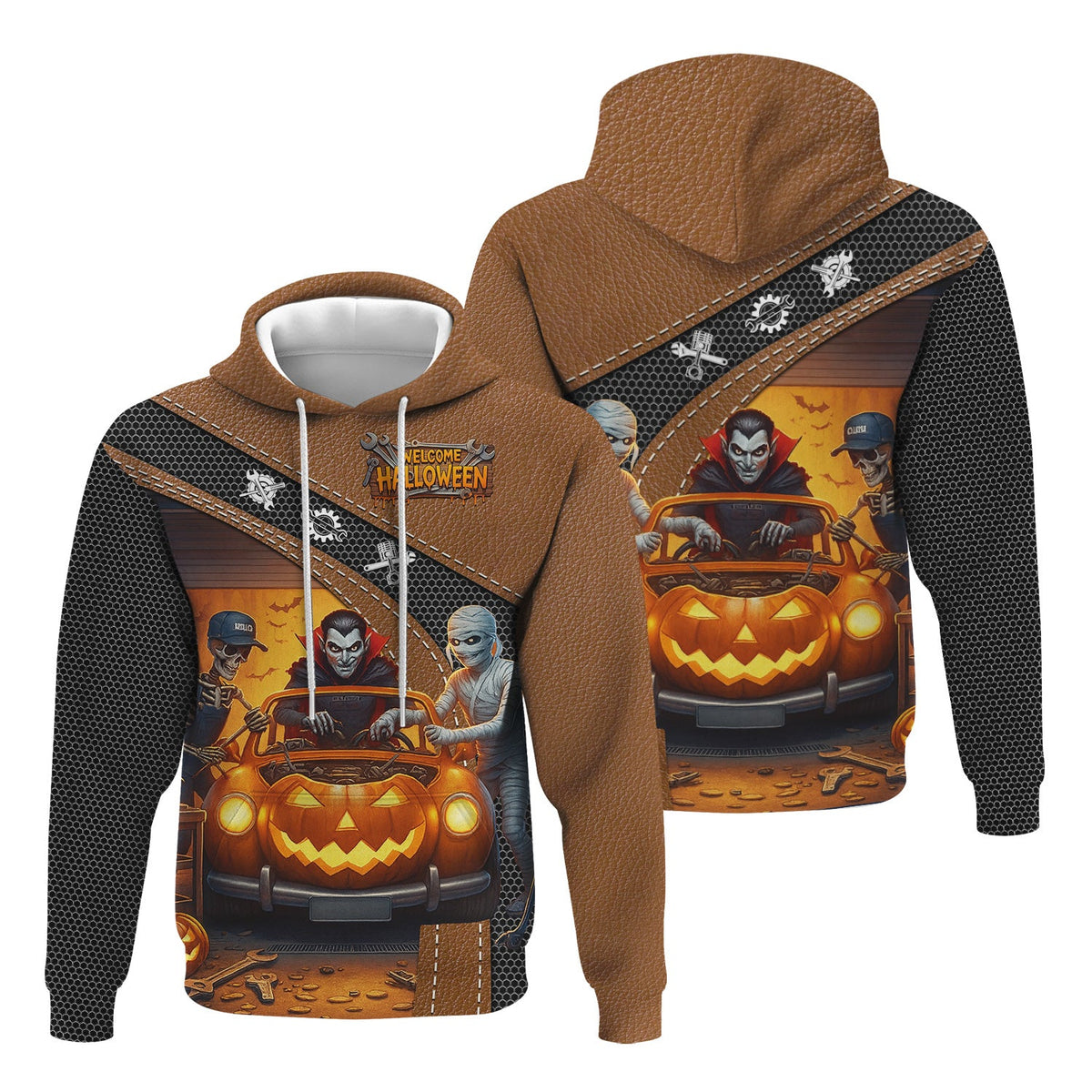 Blisscorners Halloween Mechanic T Shirt Funny Vampire Skeleton Mummy Pumpkin Car Spooky Auto Repair Garage Workwear Tee Gift For Men Women Halloween