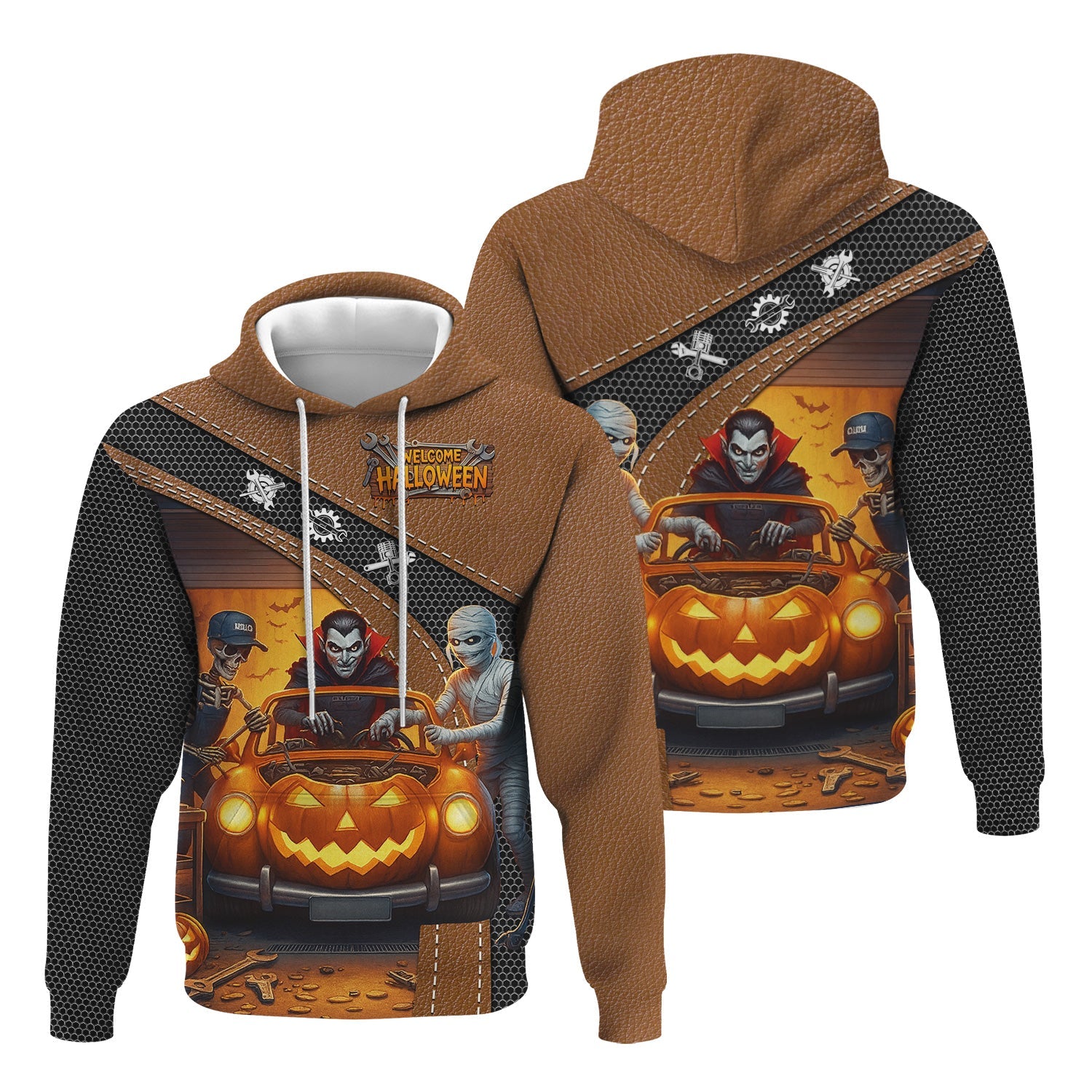 Blisscorners Halloween Mechanic T Shirt Funny Vampire Skeleton Mummy Pumpkin Car Spooky Auto Repair Garage Workwear Tee Gift For Men Women Halloween