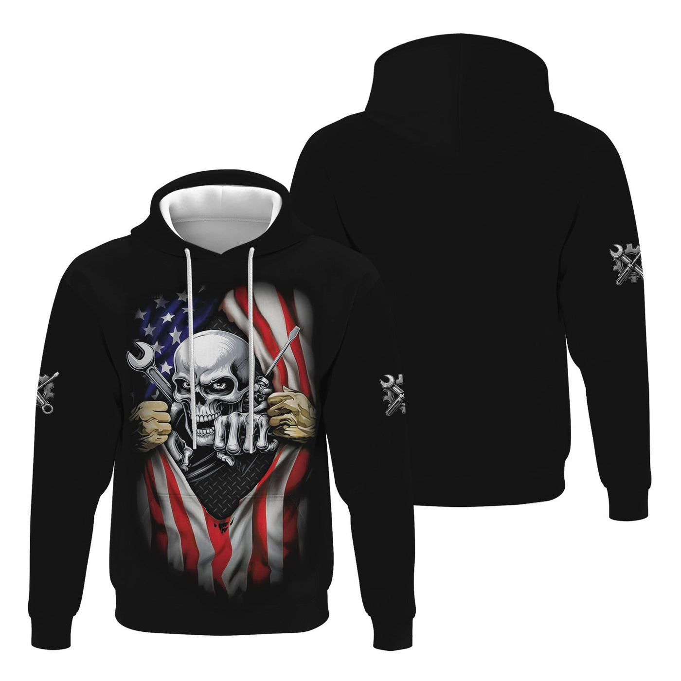 Blisscorners Skull Wrench T-Shirt, American Flag Design, Mechanic, Worker Gift, Unique Skull Graphic Tee for Men, Customizable Apparel, Cool Work Shirt
