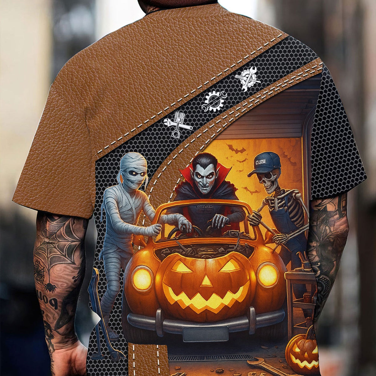 Blisscorners Halloween Mechanic T Shirt Funny Vampire Skeleton Mummy Pumpkin Car Spooky Auto Repair Garage Workwear Tee Gift For Men Women Halloween