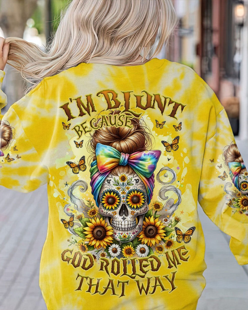 BLISSCORNERS THE GOOD GIRL IN ME NEON ROSE SKULL MESSY BUN ALL OVER PRINT