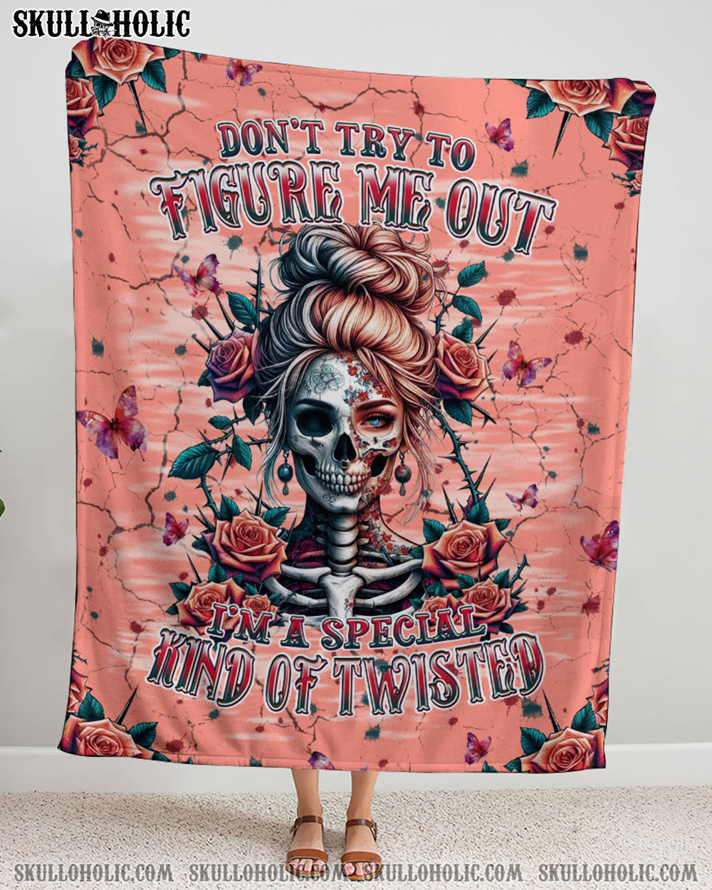BLISSCORNERS DON'T TRY TO FIGURE ME OUT SKULL LADY WOVEN AND FLEECE BLANKET