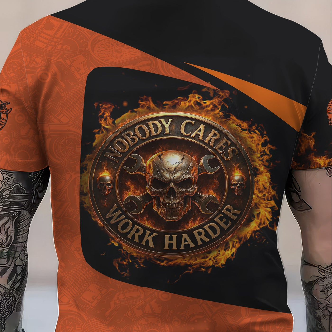 Blisscorners Personalized Mechanic Shirt, Nobody Cares Work Harder, Flame Skull Design, Gift For Men