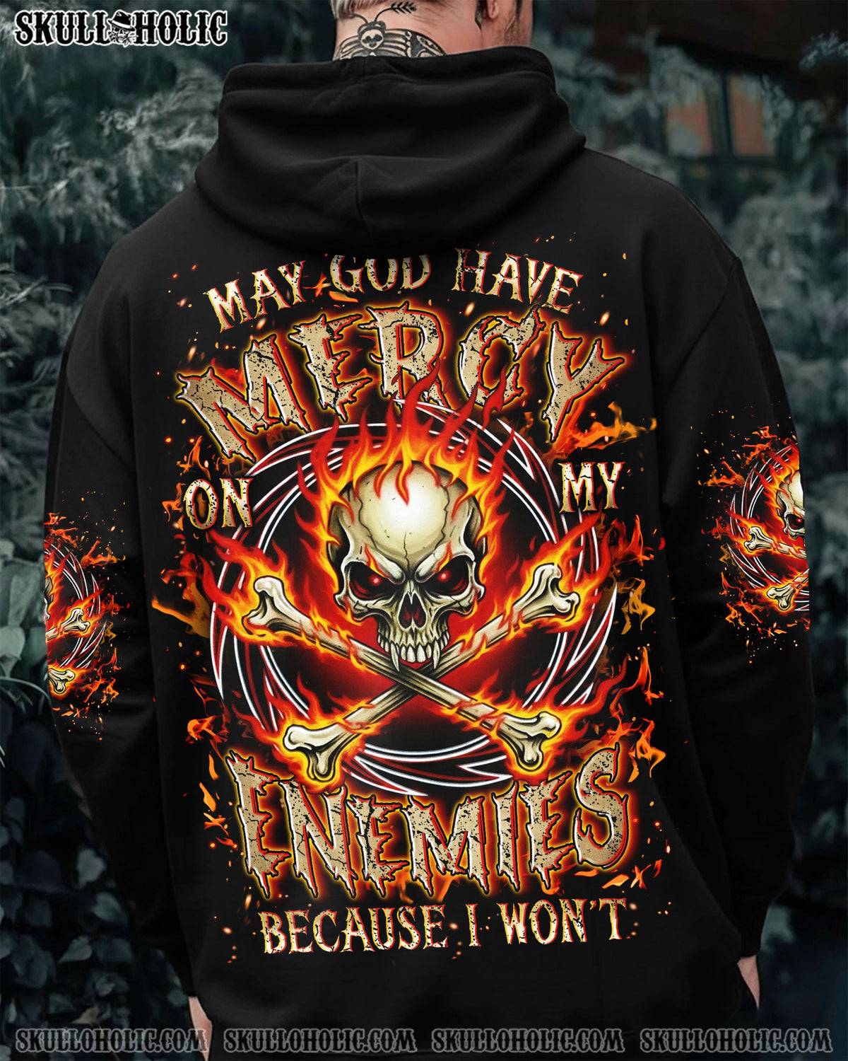 BLISSCORNERS MAY GOD HAVE MERCY ON MY ENEMIES FIRE SKULL ALL OVER PRINT