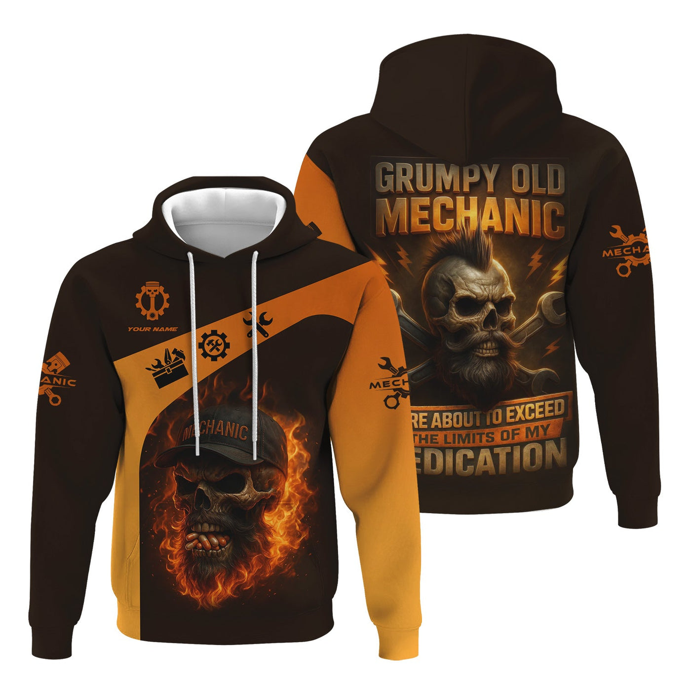 Blisscorners Personalized T-Shirt Grumpy Old Mechanic You're About To Exceed The Limits Of My Medication Flame Skull Design Shirt