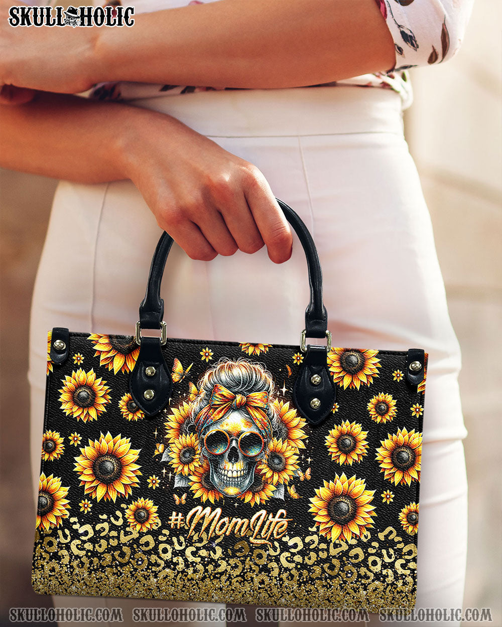 BLISSCORNERS MOM LIFE MESSY BUN SUNFLOWER LEOPARD LEATHER HANDBAG