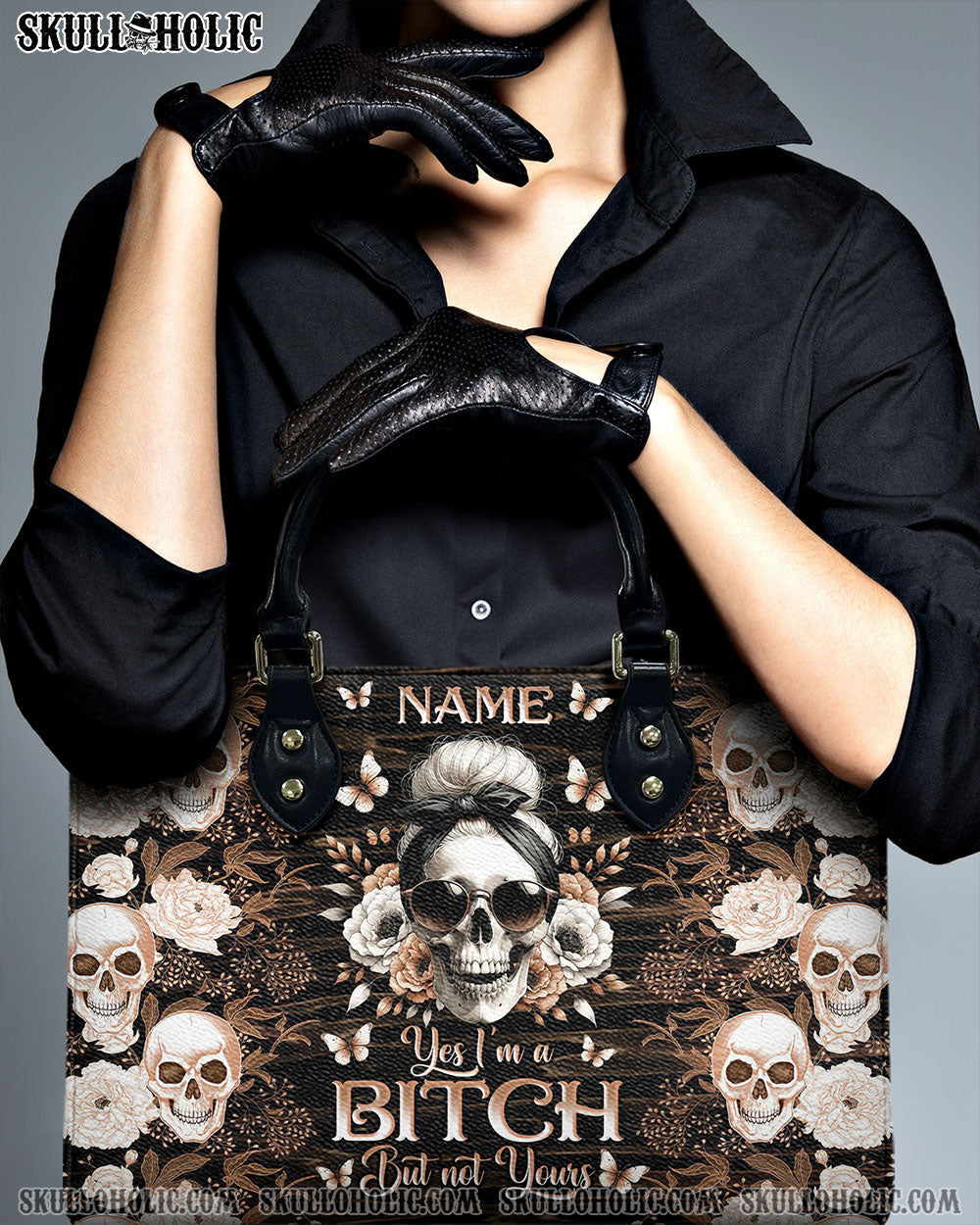 BLISSCORNERS YES I'M A B BUT NOT YOURS MESSY BUN SKULL LEATHER HANDBAG