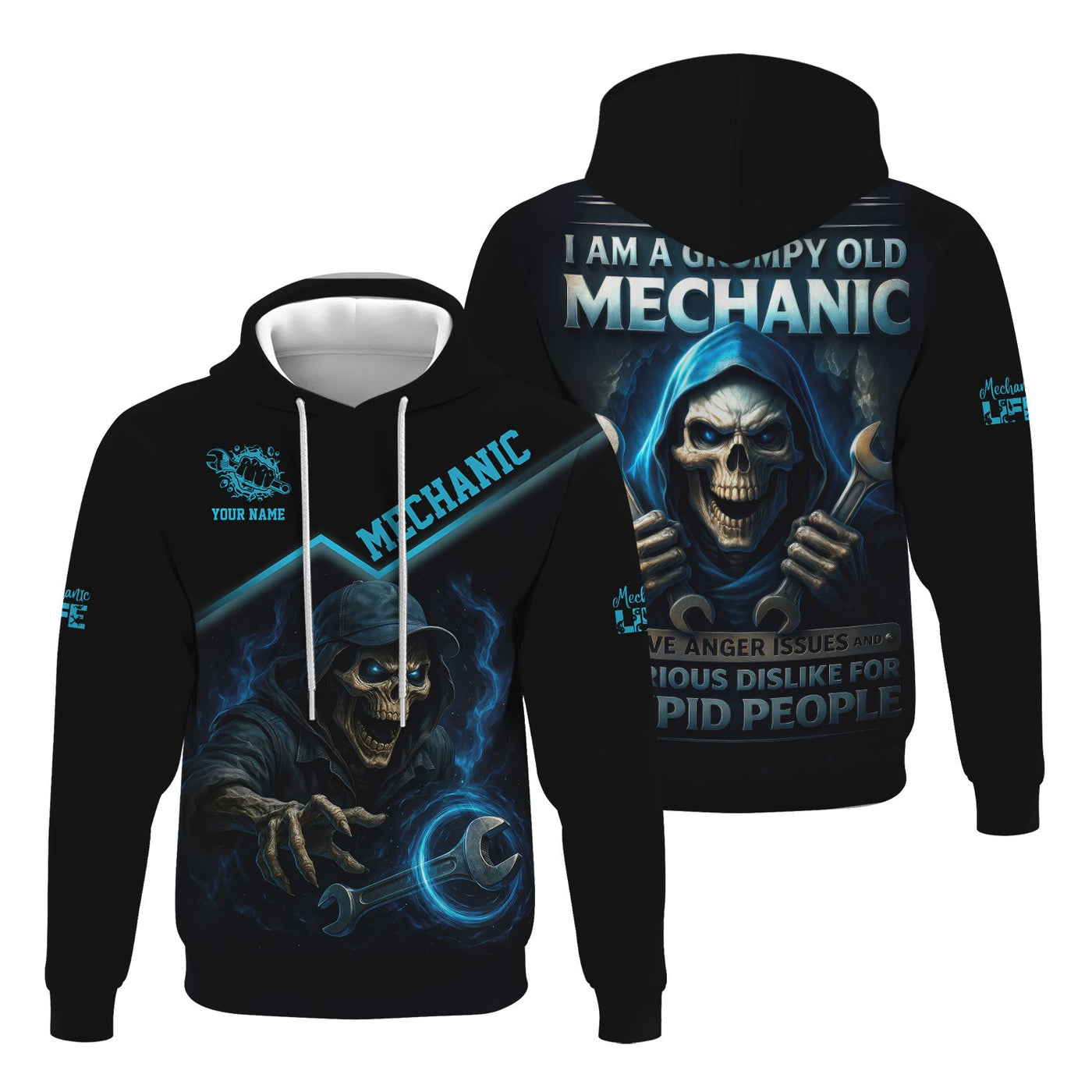 Blisscorners Personalized T-Shirt I Am A Grumpy Old Mechanic Blue Flame Grim Reaper Design Shirt For Mechanics