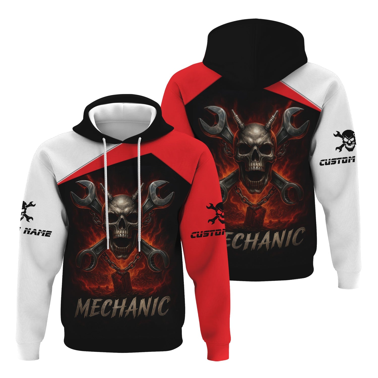 Blisscorners Custom Name Mechanic Shirt Wrench Flame Skull Design T Shirt