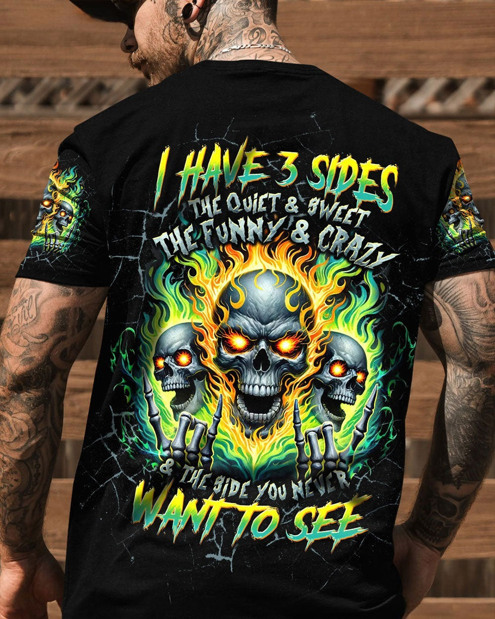 BLISSCORNERS I HAVE 3 SIDES 3 SKULLS FIRE ALL OVER PRINT