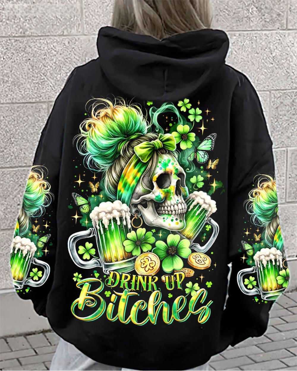 BLISSCORNERS DRINK UP B MESSY BUN SKULL PATRICK'S DAY ALL OVER PRINT