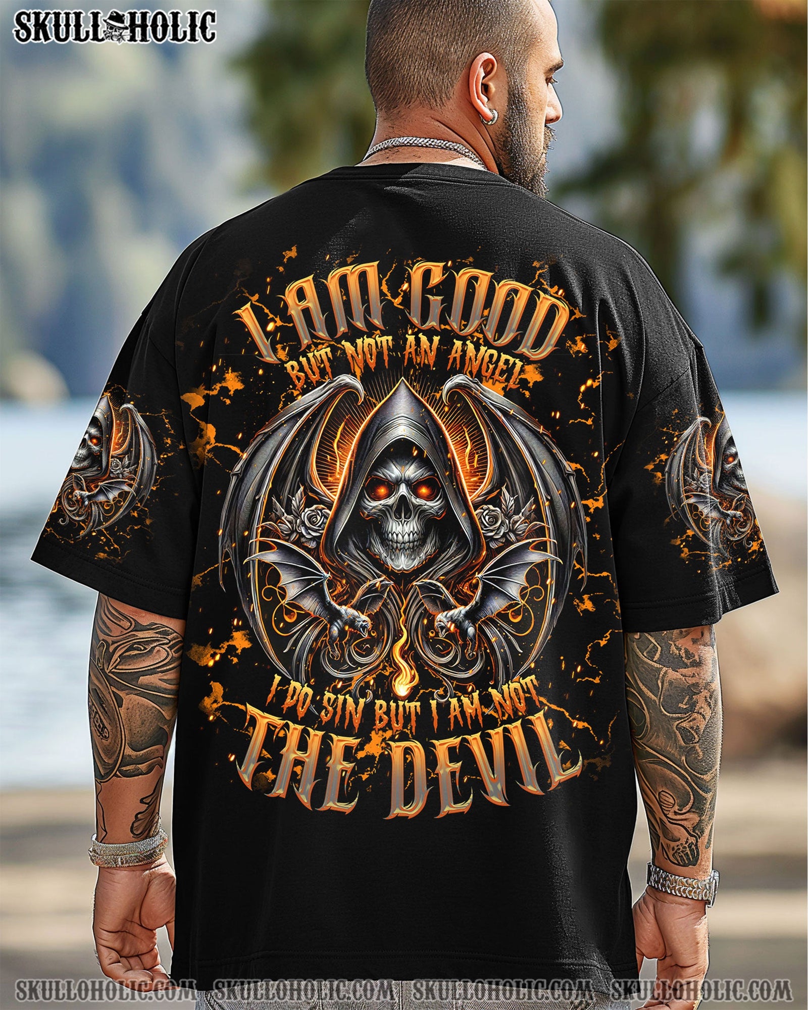BLISSCORNERS I AM GOOD BUT NOT AN ANGEL SKULL ALL OVER PRINT