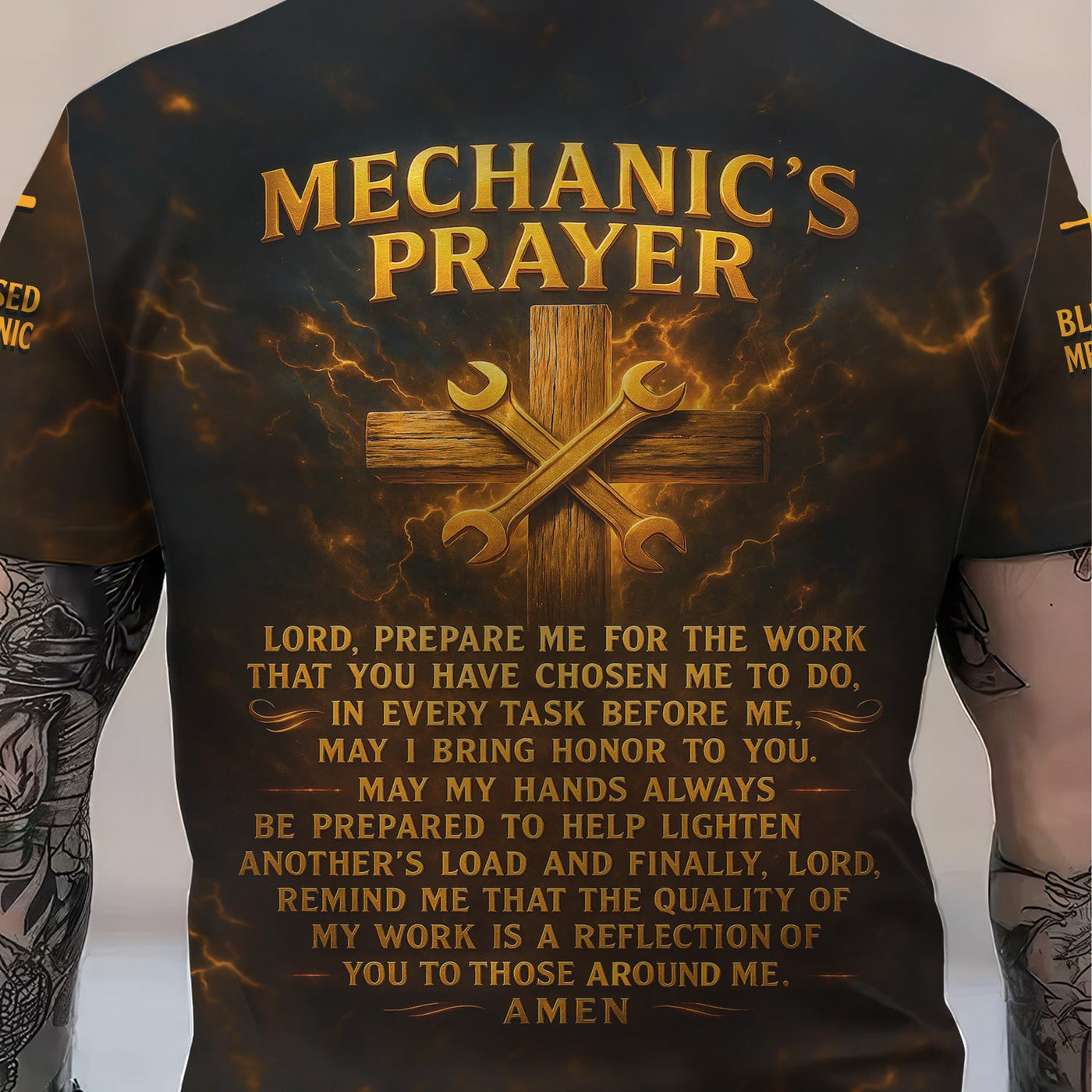 Blisscorners Personalized Mechanic Shirt, Mechanic's Prayer, Wrenchs and Cross Design, Gift For Men