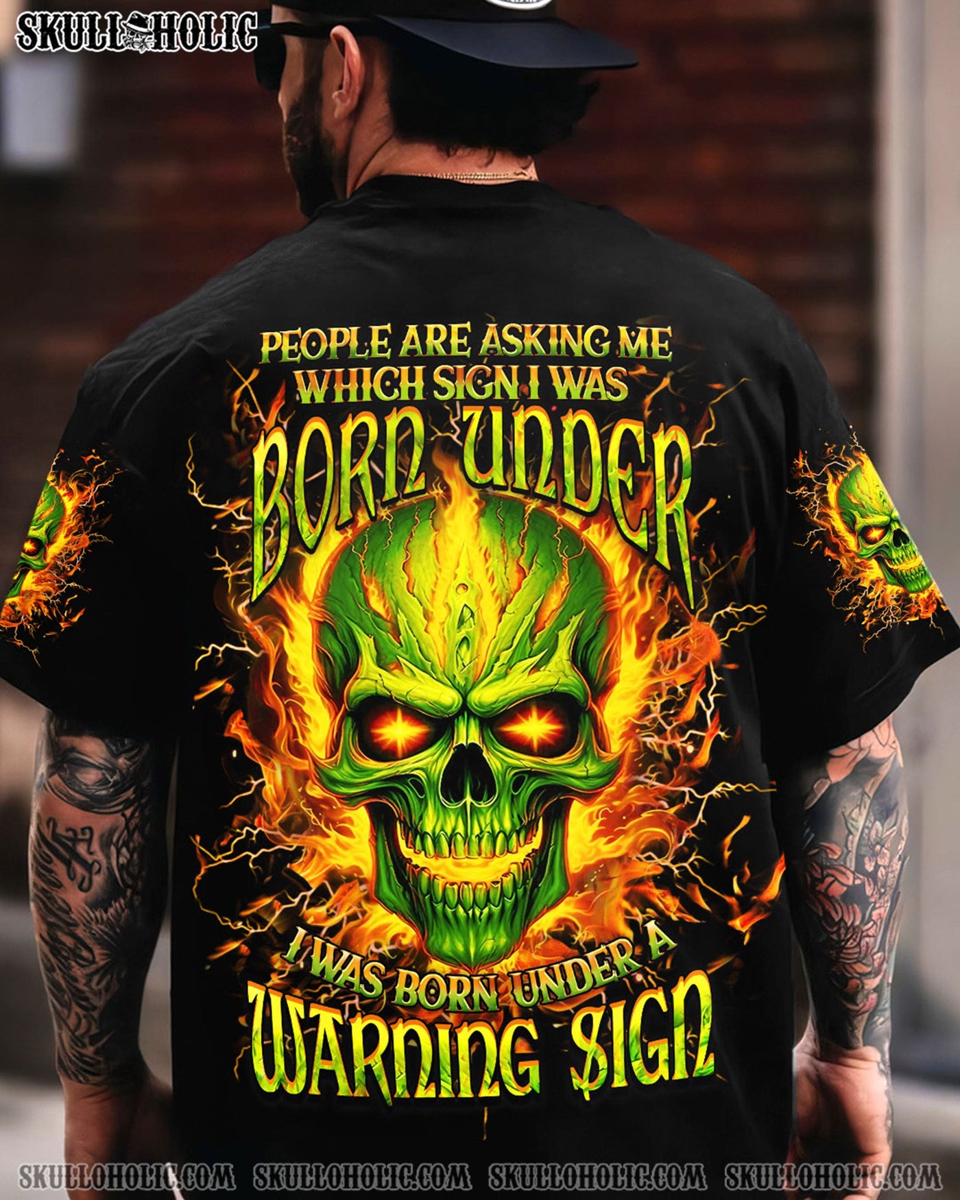 BLISSCORNERS WARNING SIGN FLAMING SKULL ALL OVER PRINT