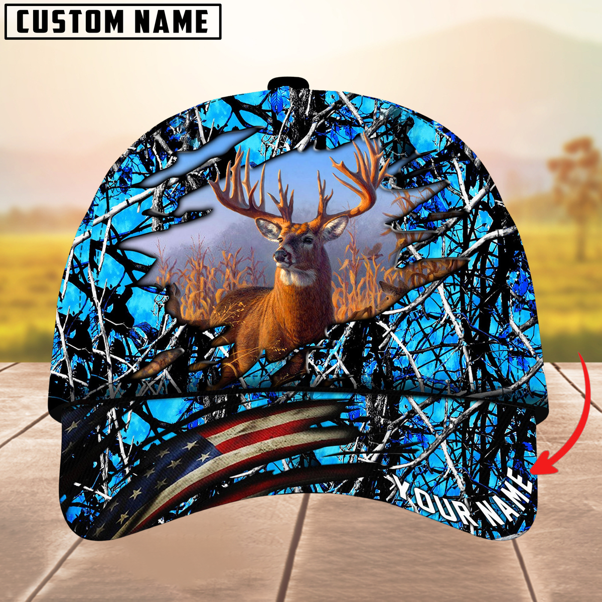 Blisscorners Deer Hunting USA Flag Crack Camouflage Pattern Multicolor Personalized Name 3D Cap