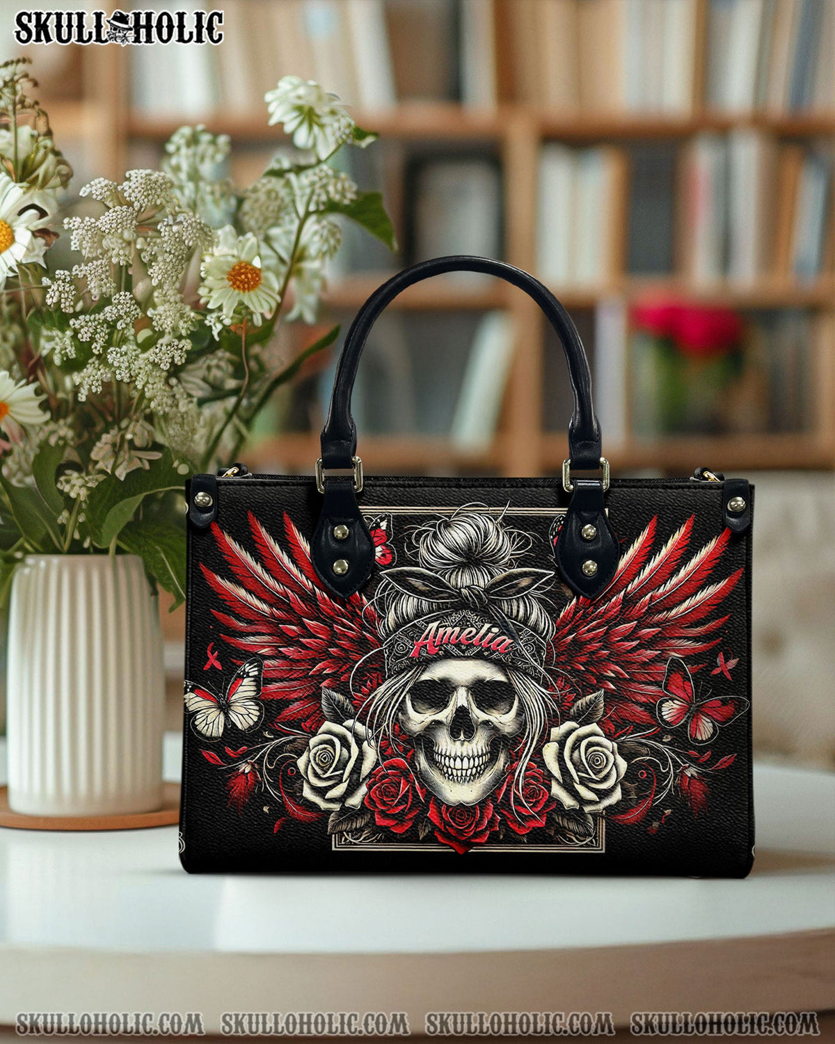 BLISSCORNERS PERSONALIZED SKULL MESSY BUN WITH WINGS LEATHER HANDBAG