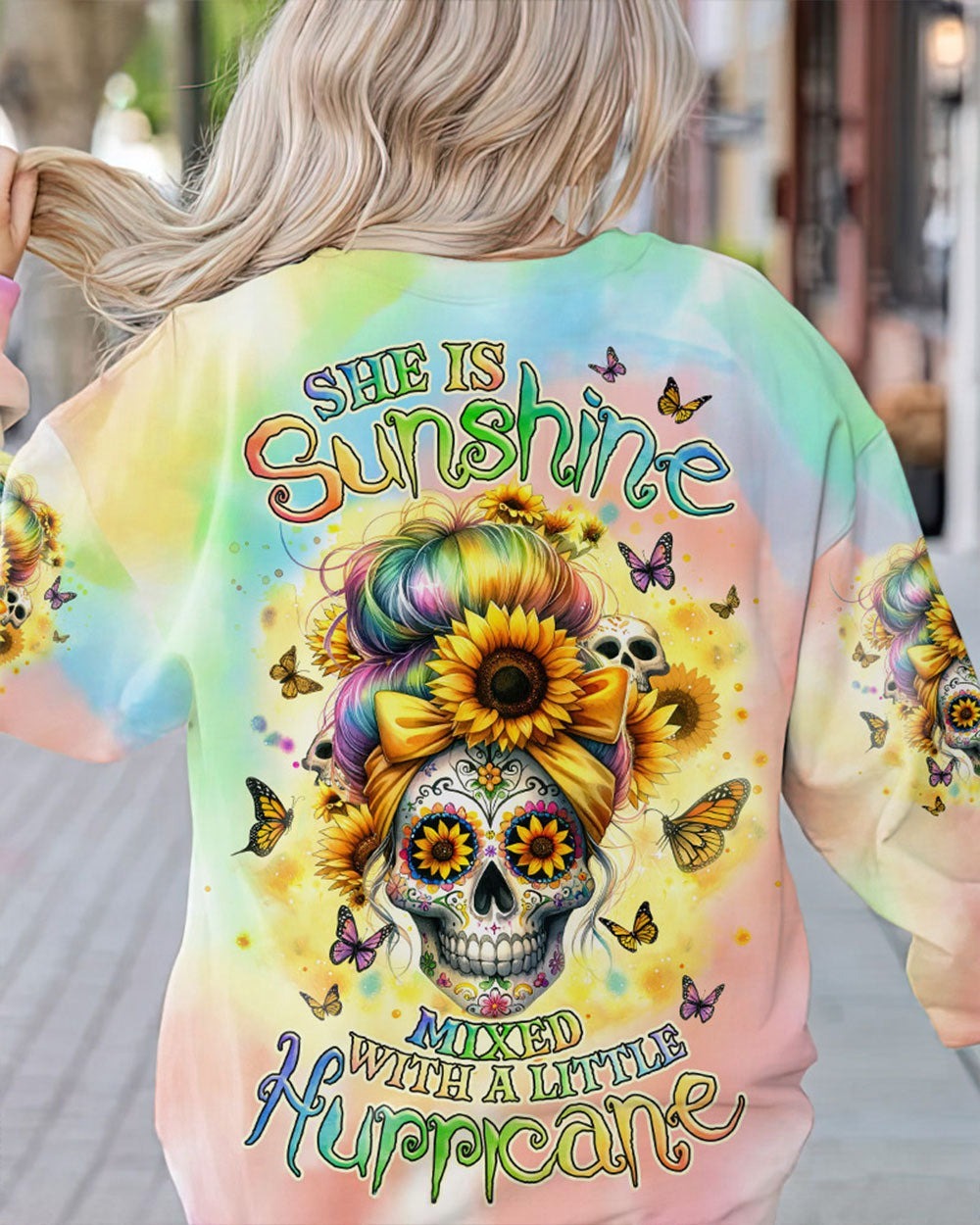 BLISSCORNERS SHE IS SUNSHINE MESSY BUN SKULL ALL OVER PRINT