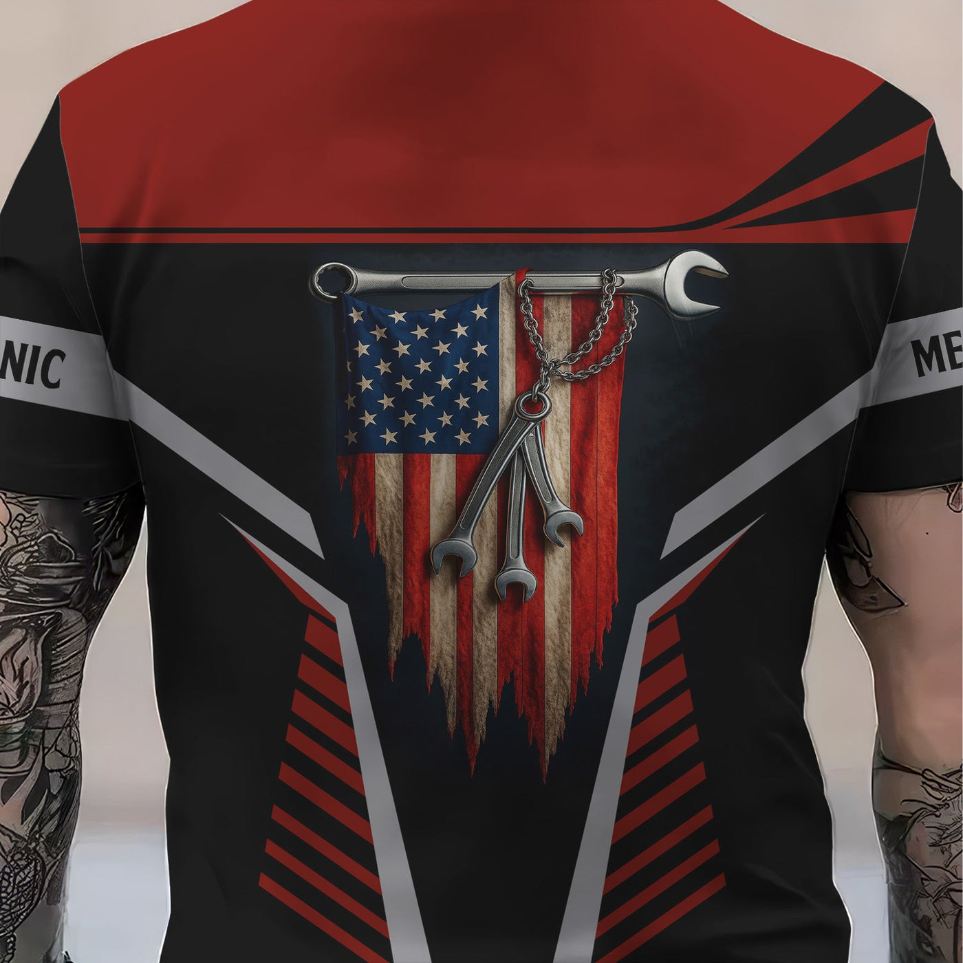Blisscorners Personalized Mechanic Shirt, Wrenches and America Flag Design, Mechanic Uniforms, Gift For Men