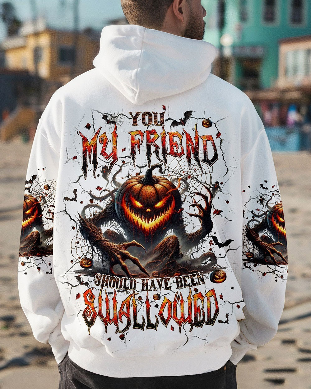 BLISSCORNERS YOU MY FRIEND SHOULD HAVE BEEN SWALLOWED SKULL PUMPKIN HALLOWEEN ALL OVER PRINT
