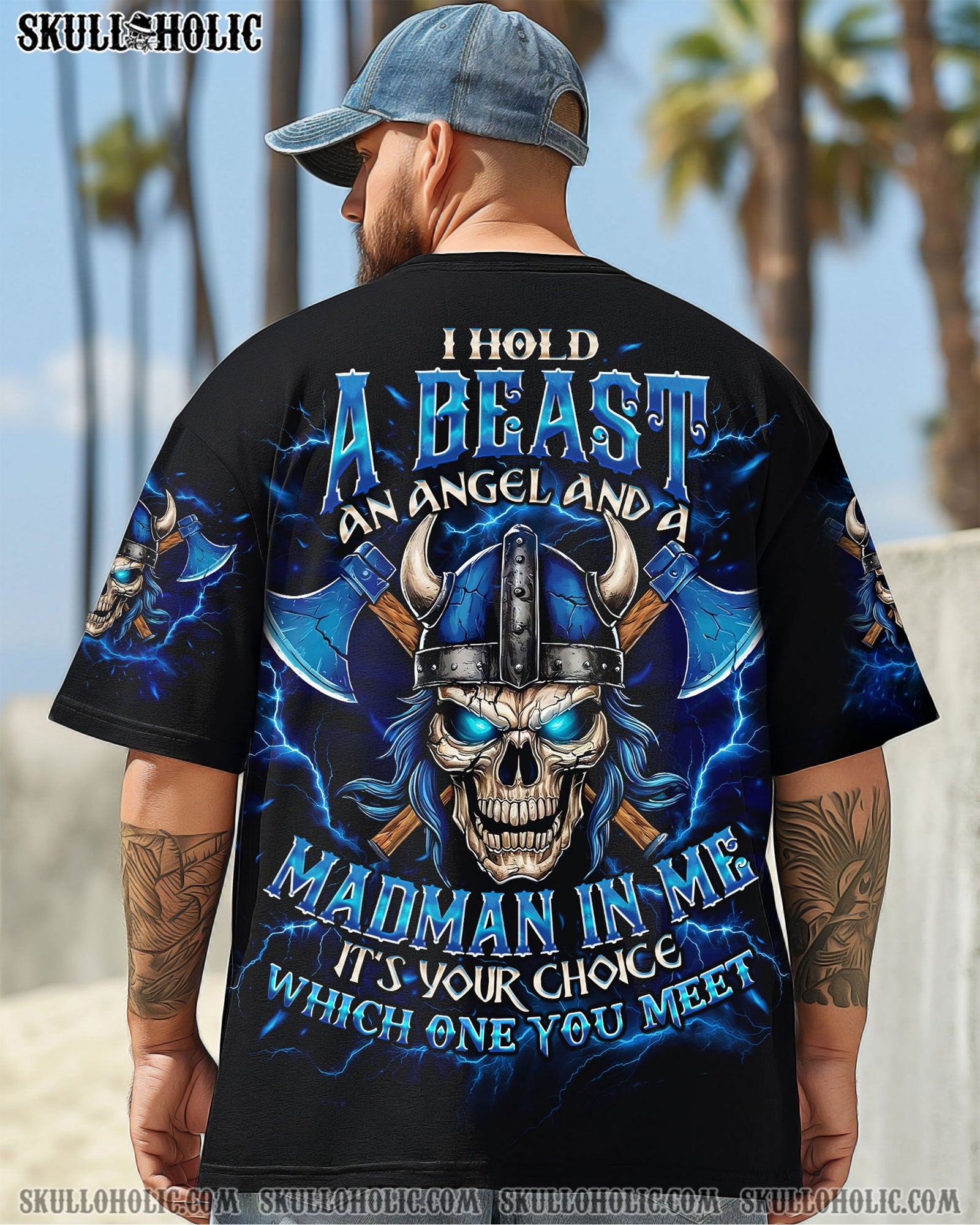 BLISSCORNERS I HOLD A BEAST AN ANGEL AND A MADMAN IN ME VIKING SKULL ALL OVER PRINT