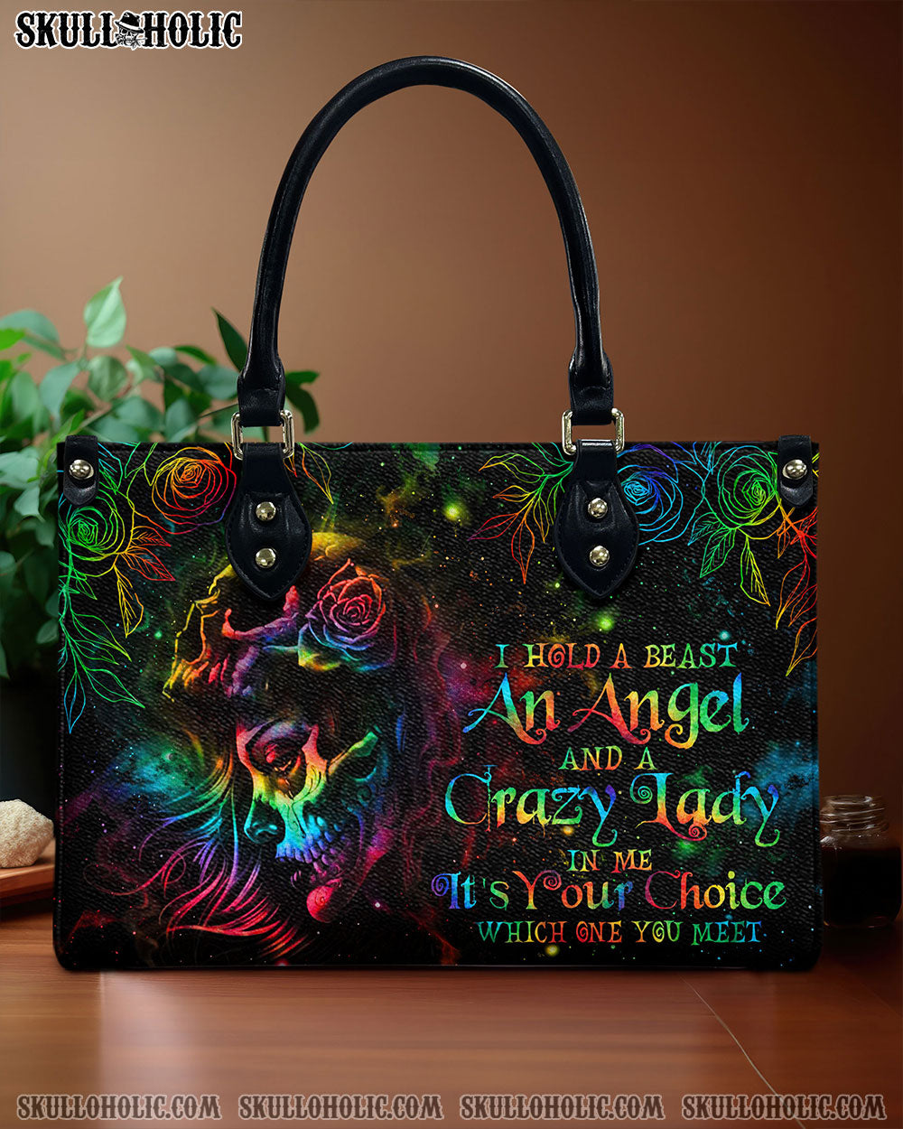 BLISSCORNERS I HOLD A BEAST AN ANGEL SKULL GIRL TIE DYE LEATHER HANDBAG
