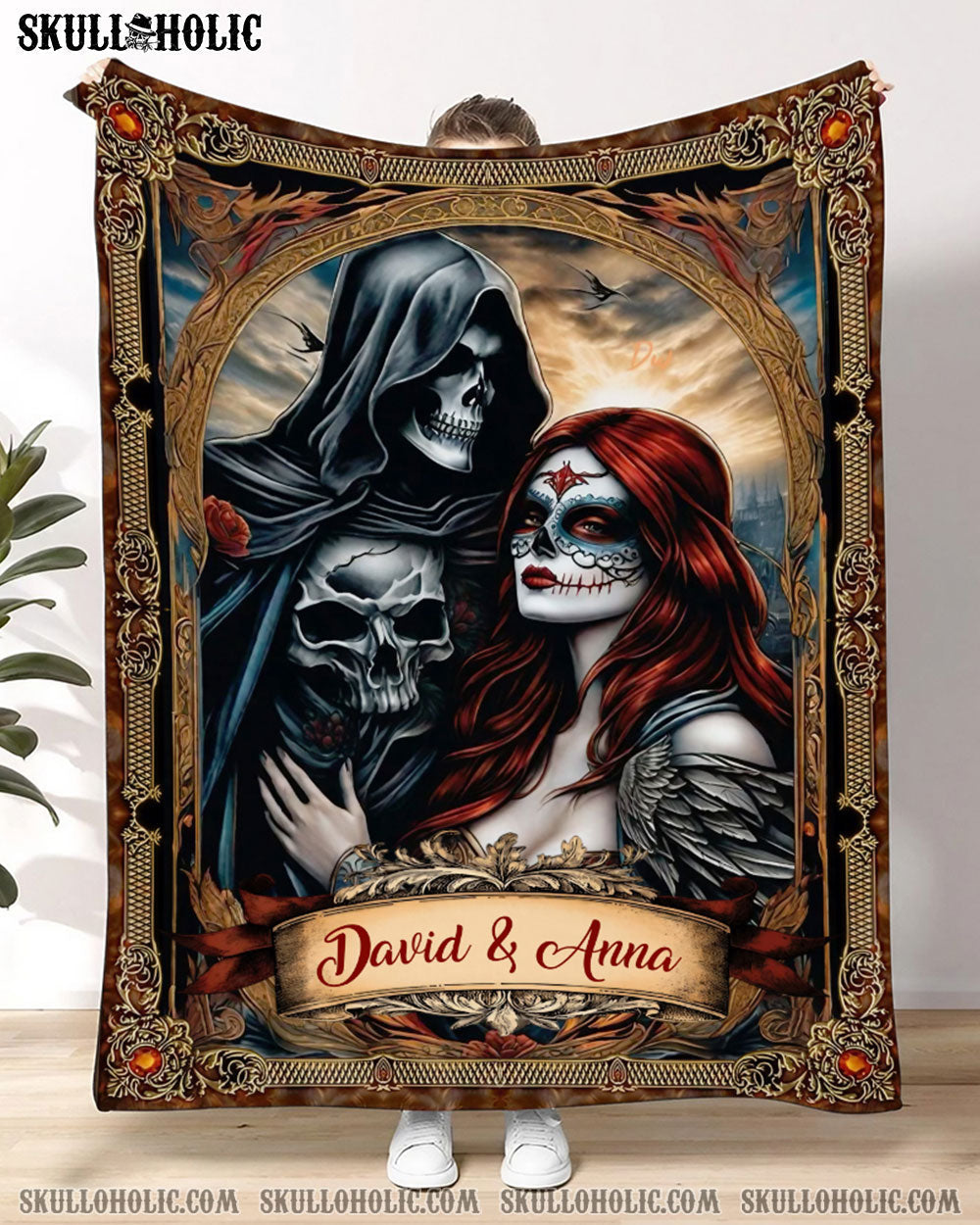 BLISSCORNERS PERSONALIZED SKULL REAPER AND LADY COUPLE FLEECE BLANKET