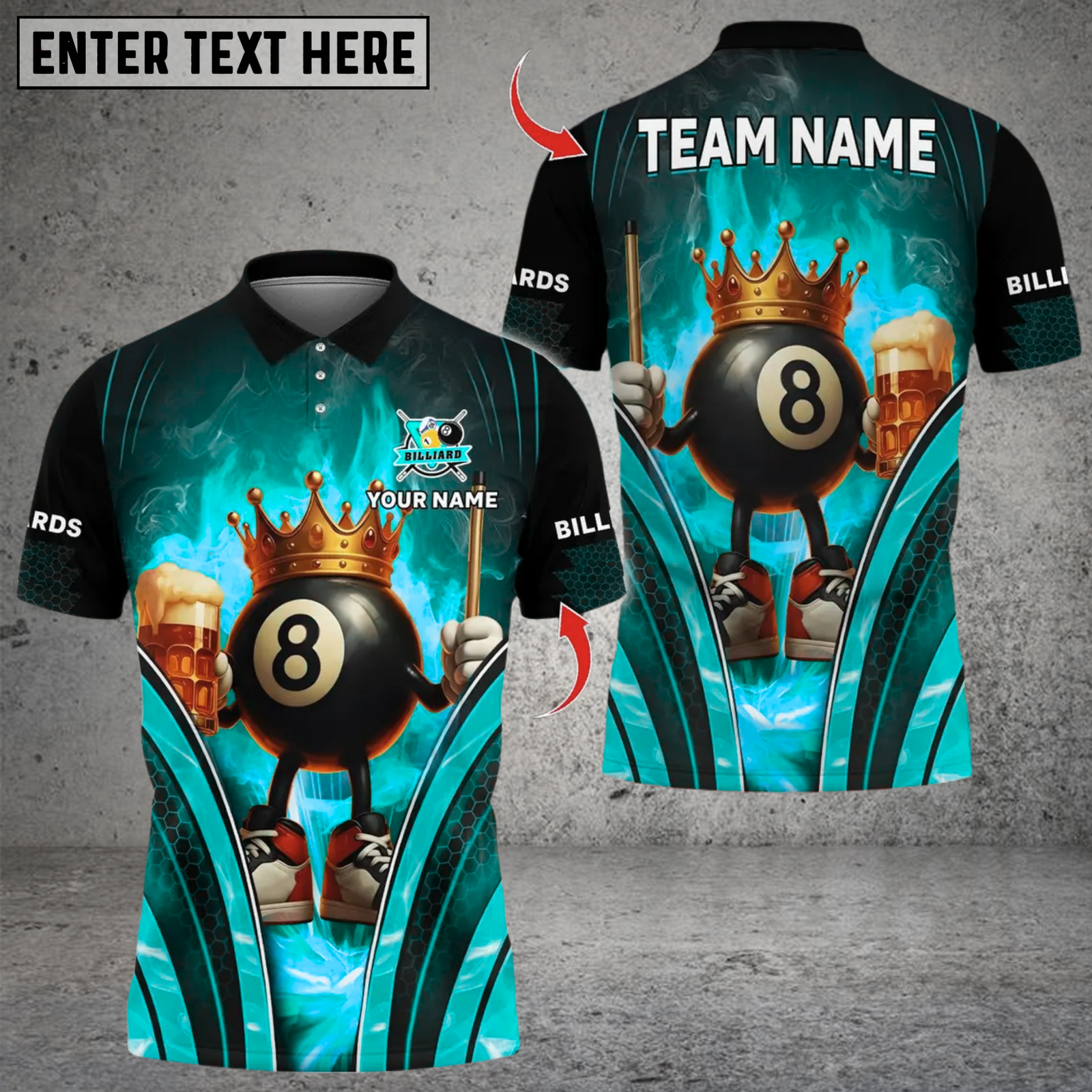Blisscorners Billiard Flaming Crown 8 Ball With Beer Multicolor Customized Name, Team Name 3D Shirts